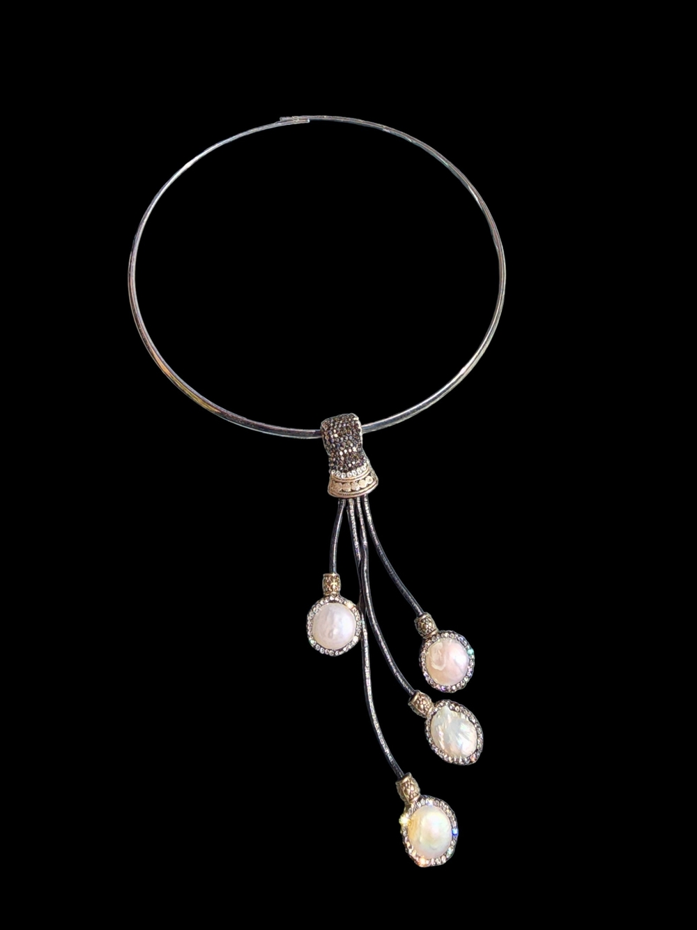 Silver Choker Necklace with Pearl Drop Accents